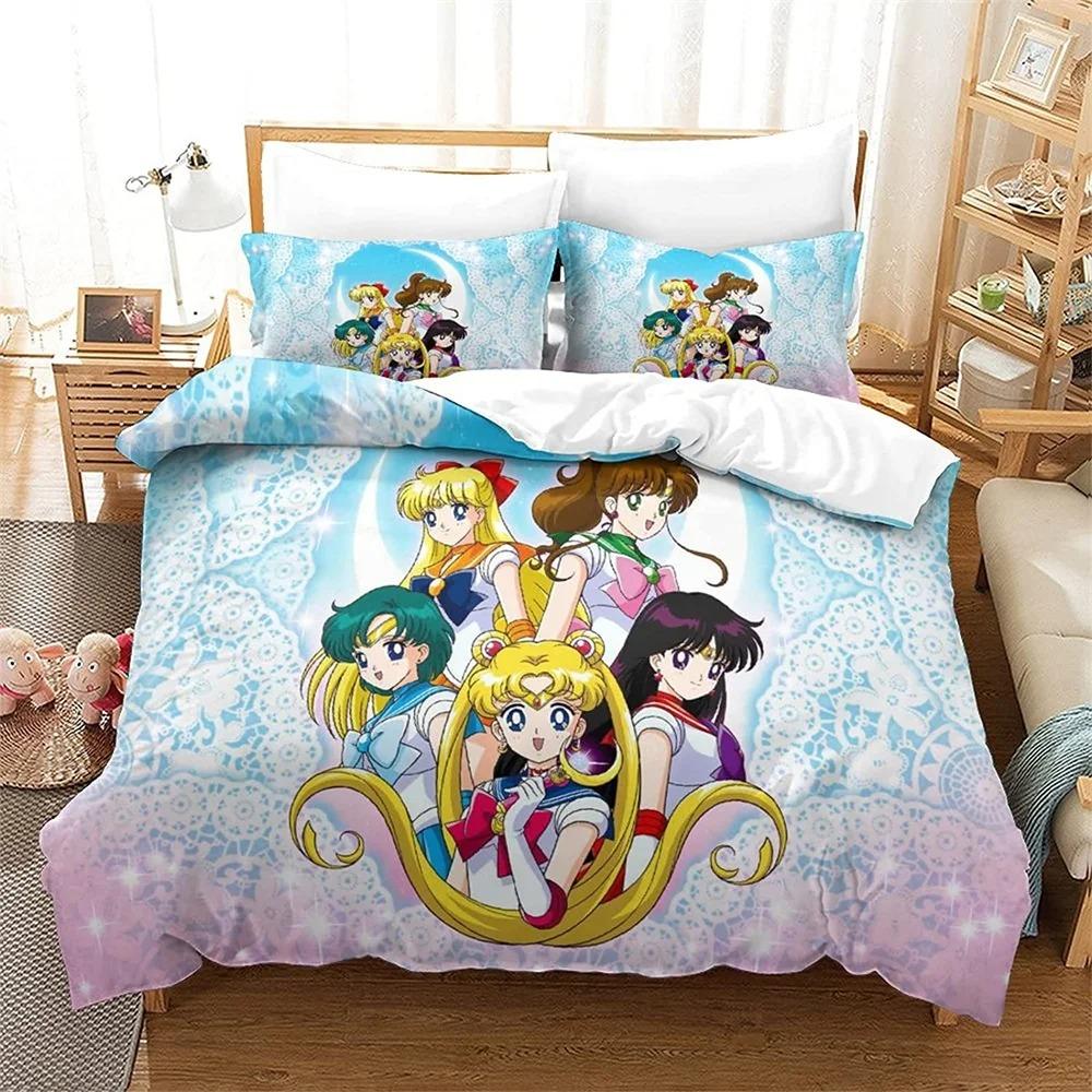 Cartoon S-Sailor-M-Moon Bedding Set,Boy&Girl Duvet Cover Pillow Case Gift, Home Bedroom Quilt Set Large King 260x220cm