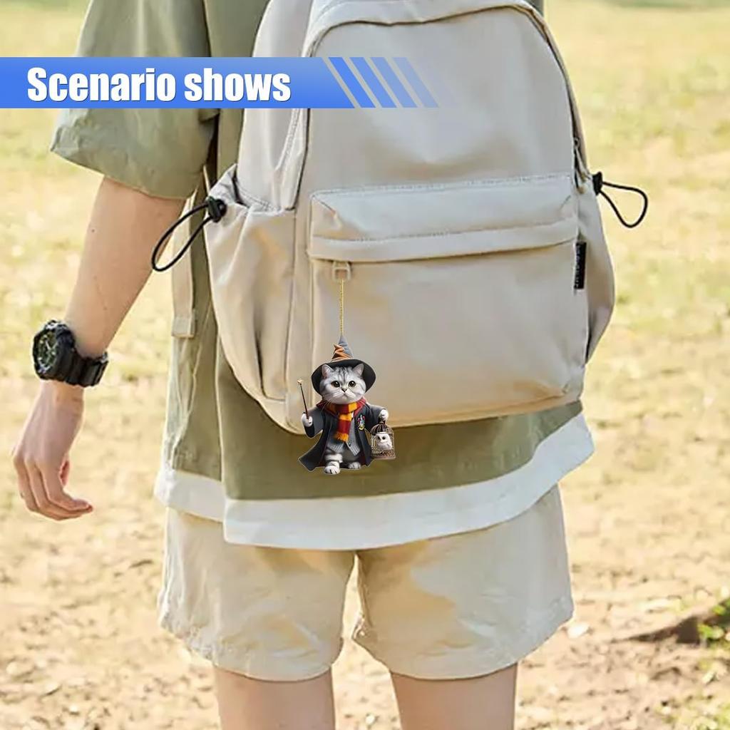 Magic Cat Car Rearview Mirror Accessories, 2D Flat Acrylic Pendant Car Rear View Mirror Charm, Christmas Tree Hanging Ornament, Car Interior