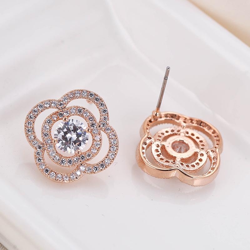 White Crystal Rhinestone Rose Earrings: Irregular Design with Round and Flower Studs