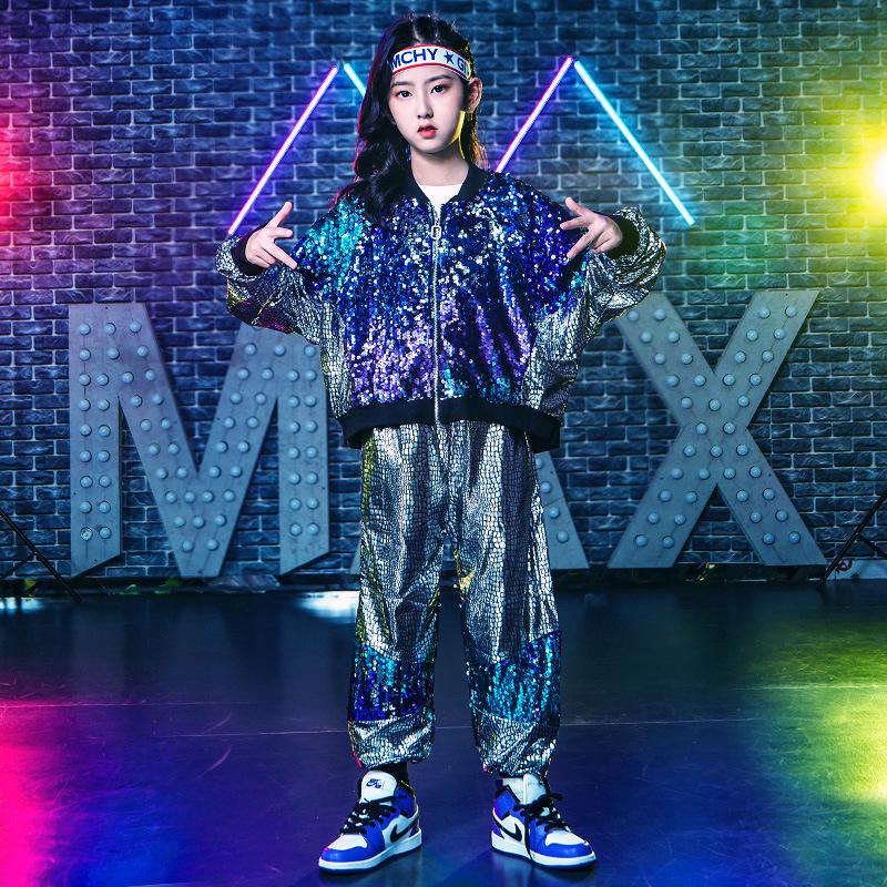 Children's New Year's Performance Costume Set: Silver Sequin Hip-Hop Street Dance Outfits for Boys & Girls