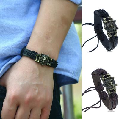 Vintage Braided Leather Bracelet Hand String Copper Zinc Alloy Wolf Head Imitation Cowhide Bracelet Jewelry for Men and Women