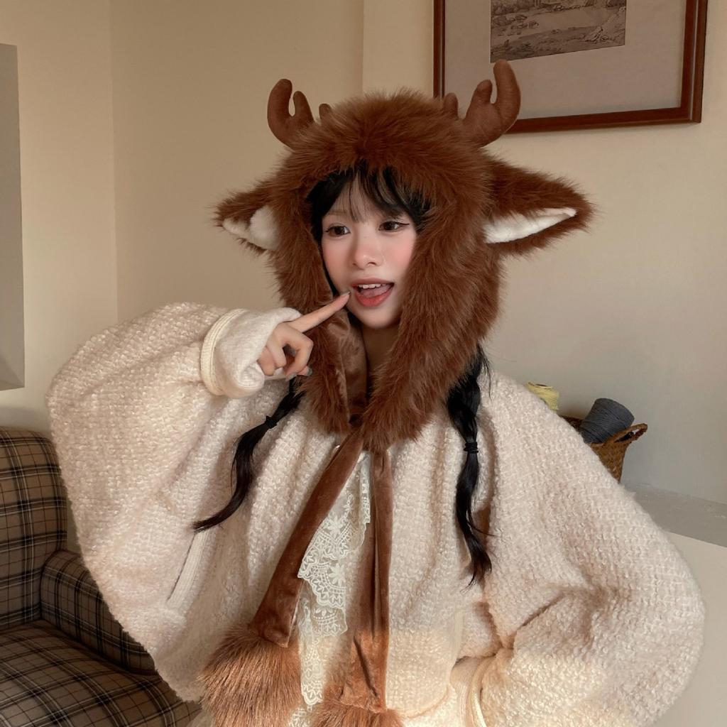 2025 Design Christmas Elk Horns Teddy Fleece Thunder Hat Women's Season Fleece Straps Ear Protectors Versatile