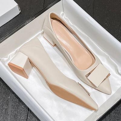 Scarpe basse a tacco alto in morbida pelle, nuove autunnali, tacco medio, punta acuminata, scarpe con scollo a V, tacco spesso con temperamento francese