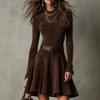 Damen Vintage Halbhoher Kragen Langarm Kurzkleid Hohe Taille Falten Reißverschluss Figurbetonte Kleider