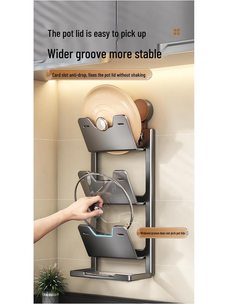 Wall-Mounted No-Drill Suction Cup Kitchen Rack for Pot Lids & Cutting Boards