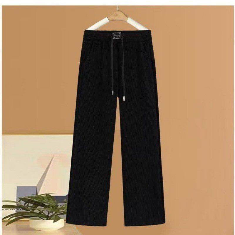 

Шениль Узкая версия Широкие брюки Женские Осенние Новые Эластичные С высокой талией Прямые Широкие брюки XXL чёрный