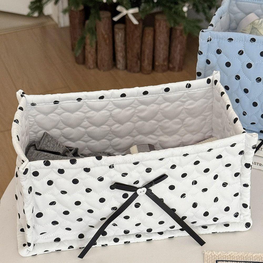 Quilted Polka Dot Storage Basket Rectangular Foldable Desktop Organizer Practical Space-Saving Fabric Storage Box
