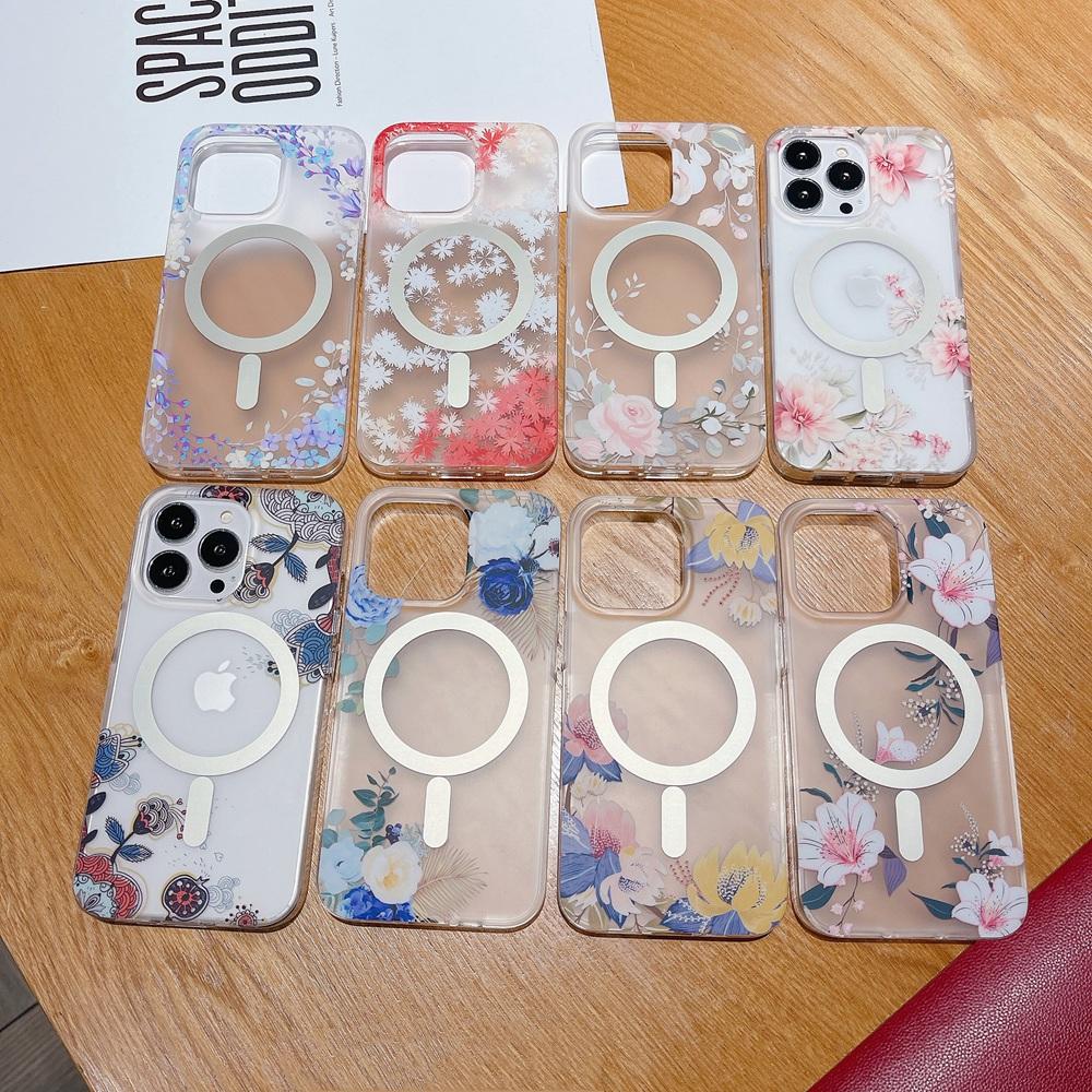 Glossy Skin Multiple Flower Pattern Magsafe Phone Case For Iphone 14 12 11 13 Pro Max 14 Plus Matte Half Clear Shockproof Cover