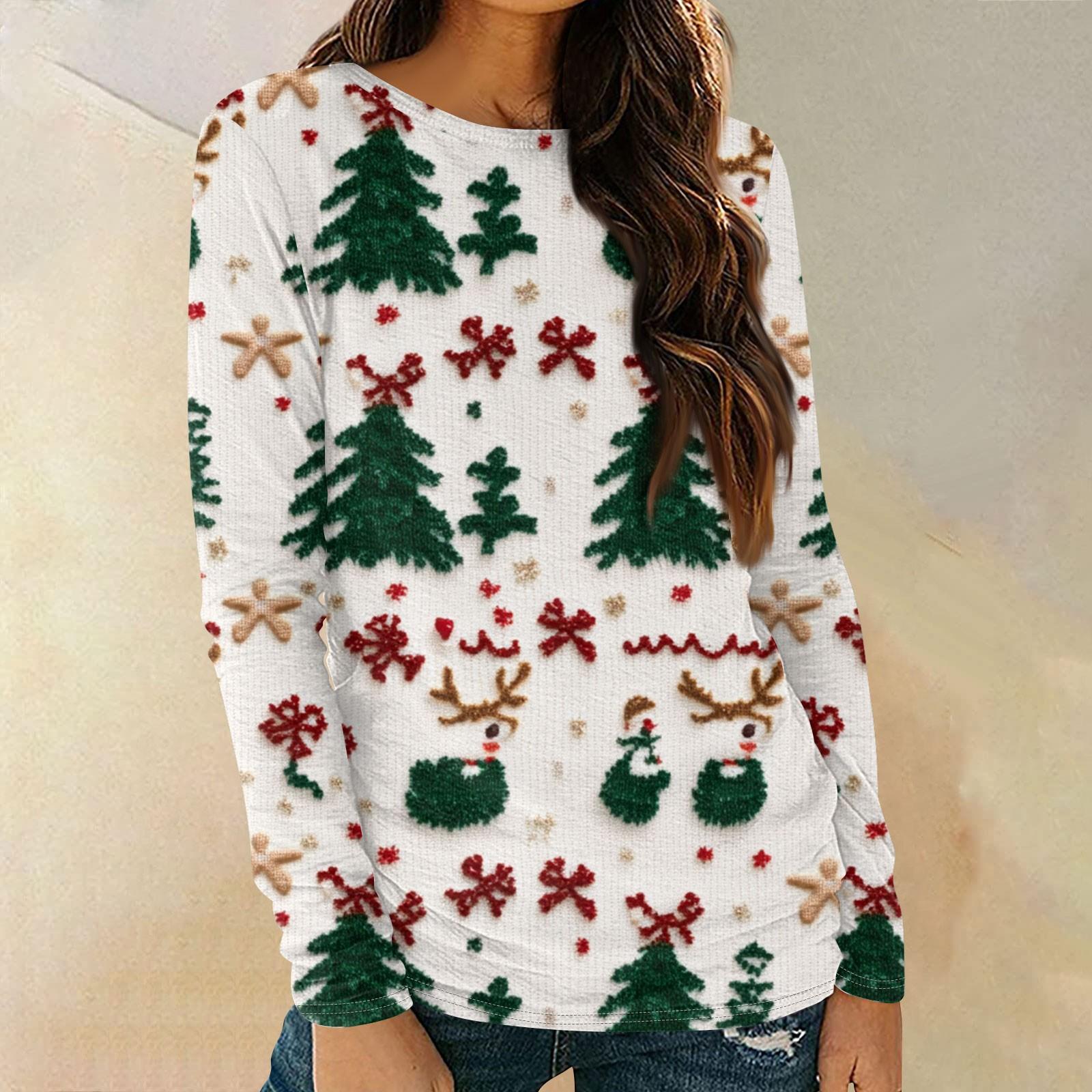 

Женские рубашки с длинным рукавом и круглым вырезом, повседневные топы, туники с рождественским принтом, свободные футболки XL белый