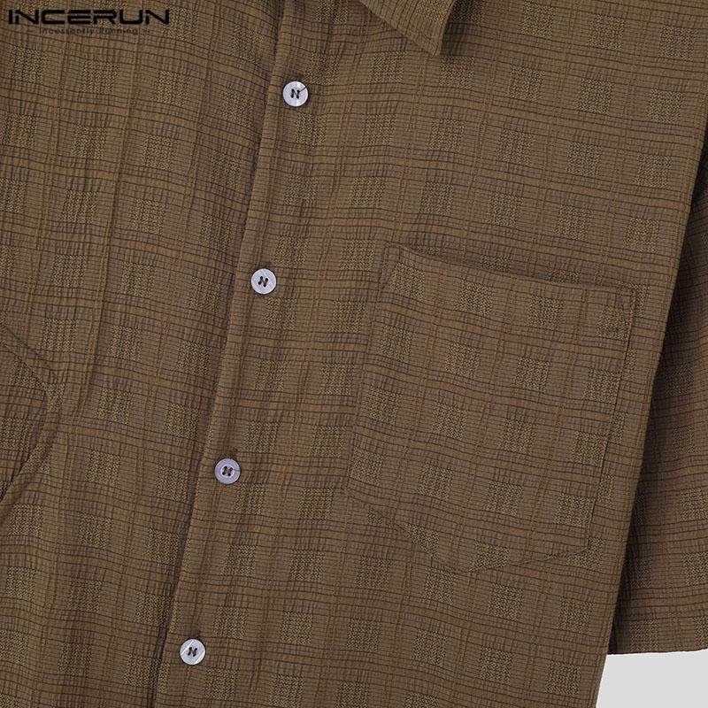 INCERUN Men Turn Down Collar Texture Shirts Plus Size Loose Tops
