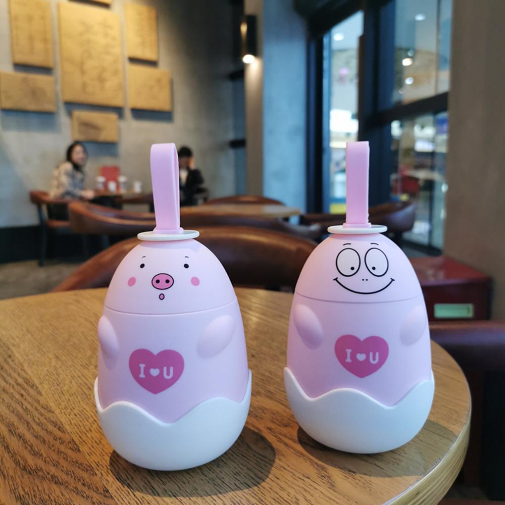 Cartoon Egg Pig Shaped Water Bottle With Rope Glass Liner Cute Kids Girls Drink Bottle 290ML