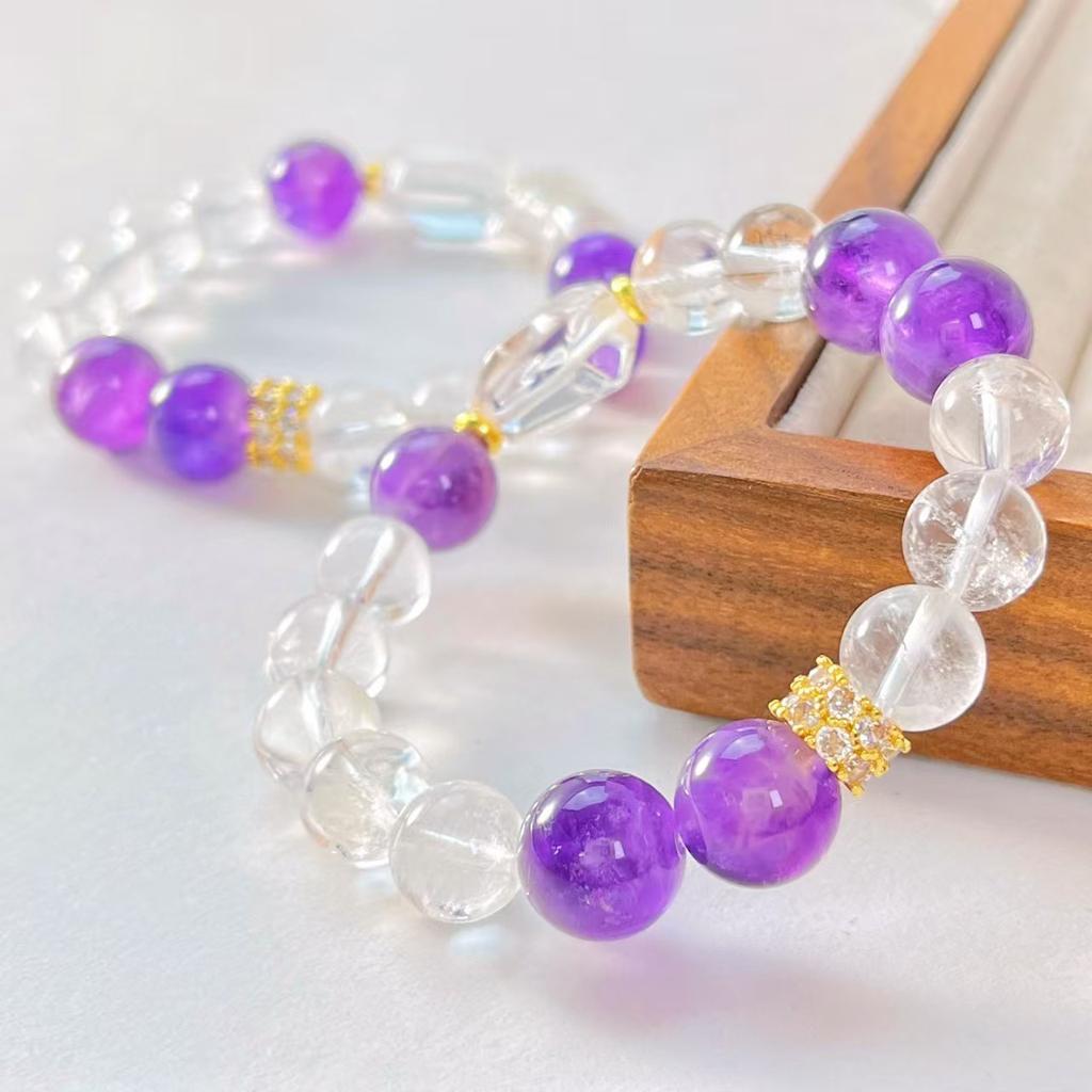 Vintage Natural 10Mm White Crystal 12Mm Amethyst Design Bracelet Bracelet