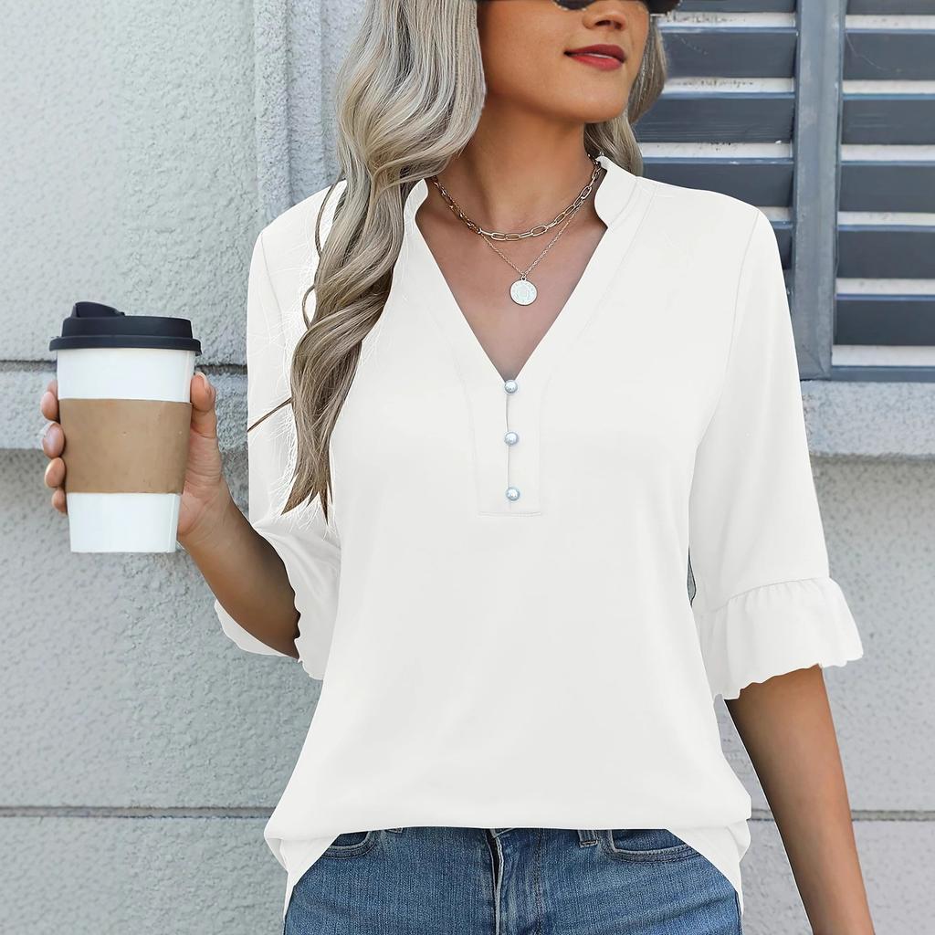 Women's V-neck Solid Color Fashion Mid Sleeve T-shirts