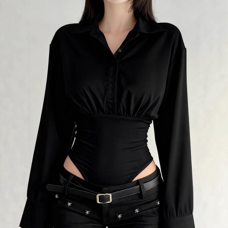 Women's Solid Color Design Button Jumpsuit Shirt Long Sleeve Lapel Slim Fit Fashion Top