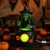 Halloweenowa Statuetka Kociołka Czarownicy ze Świecącym Kociołkiem, Zasilana przez USB Żywica Czarna Kreatywny Prezent dla Przyjaciół Figurka Garnka Zielona/Fioletowa LED