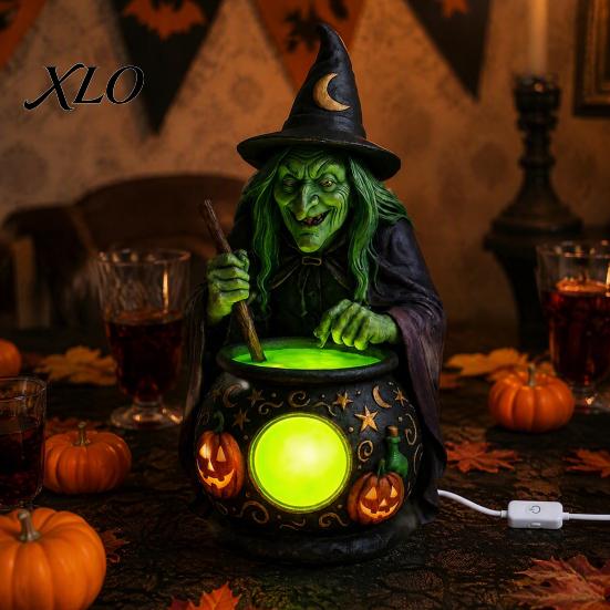 Halloweenowa Statuetka Kociołka Czarownicy ze Świecącym Kociołkiem, Zasilana przez USB Żywica Czarna Kreatywny Prezent dla Przyjaciół Figurka Garnka Zielona/Fioletowa LED