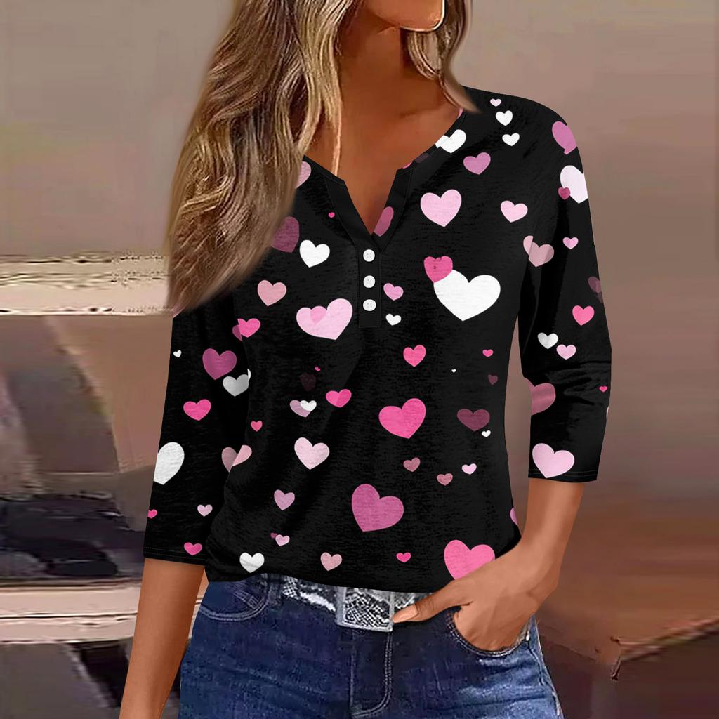 Camiseta feminina com estampa de botão, manga 3/4, moda diária de fim de semana, básica, decote em V, top regular