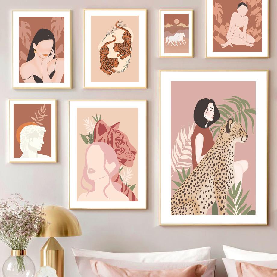 

Настенный художественный постер и печать на холсте, абстрактная картина для девушки Монстера, пальма, леопард, тигр, скандинавская картина для гостиной