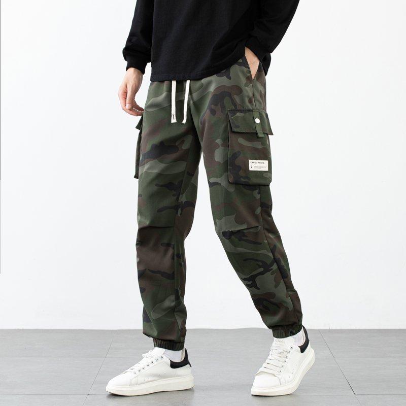 Men Camouflage Multi Pocket Cargo Jogger Pants Drawstring Elastic Waist Cuffed Casual Trousers