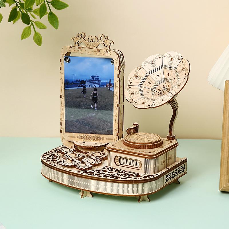DIY 3D Wooden Puzzle Phonograph Photo Frame Miniature Model Kits Assembly Jigsaw for Kids Adults Birthday Gifts