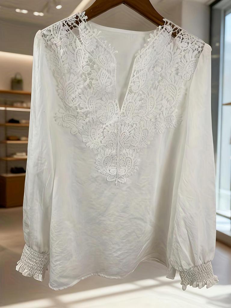 Women's Elegant Lace V-Neck Cotton Linen Long Lantern Sleeve Top