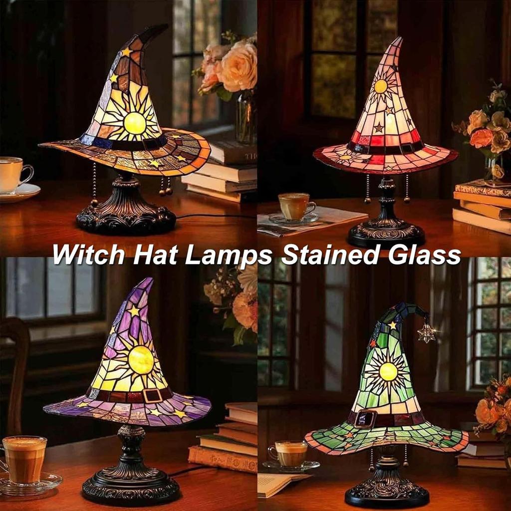 Witch Hat Lamps, Stained Glass Witch Hat Lamp with Mystical Charm, Lamps Stained Glass, Handmade Shape Gothic Lamp for Wiccans and Halloween Lovers,