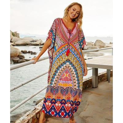 Boho potištěné volné letní plážové šaty Marocký kaftan Dámské plážové oblečení větší velikosti Střapcové midi šaty