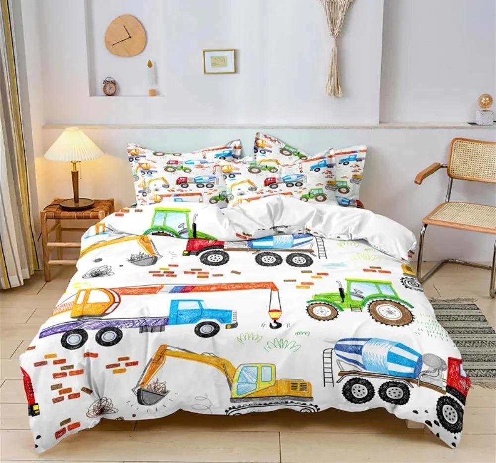 Cartoon Car Bedding Set Construction Vehicles Comforter Cover 3pcs Kids Machinery Truck Soft Polyester Duvet Cover for Boys Gift