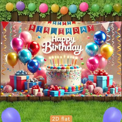 2D Kids Rainbow Candy Happy Birthday Backdrop Cake & Balloon Party Background