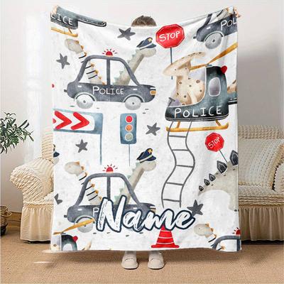 Custom Name Fire Trucks Police Cars Theme Printed Blanket - Perfect for Couch, Bed, Travel & Outdoor Use | Machine Washable, Cozy & Durable.