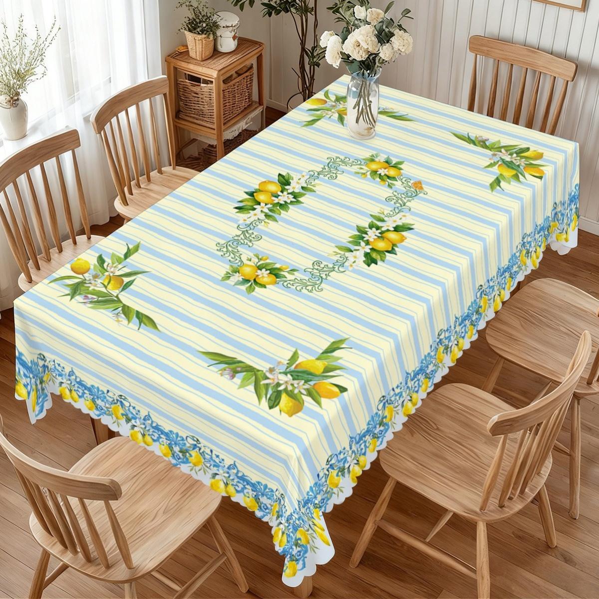 Zomer Citroenbloemen Blauwgestreepte Tafelkleed voor Tafeldecoratie Mediterraans Thema Keuken Eettafelkleed Bruiloft Feest Decoratie 100x160cm