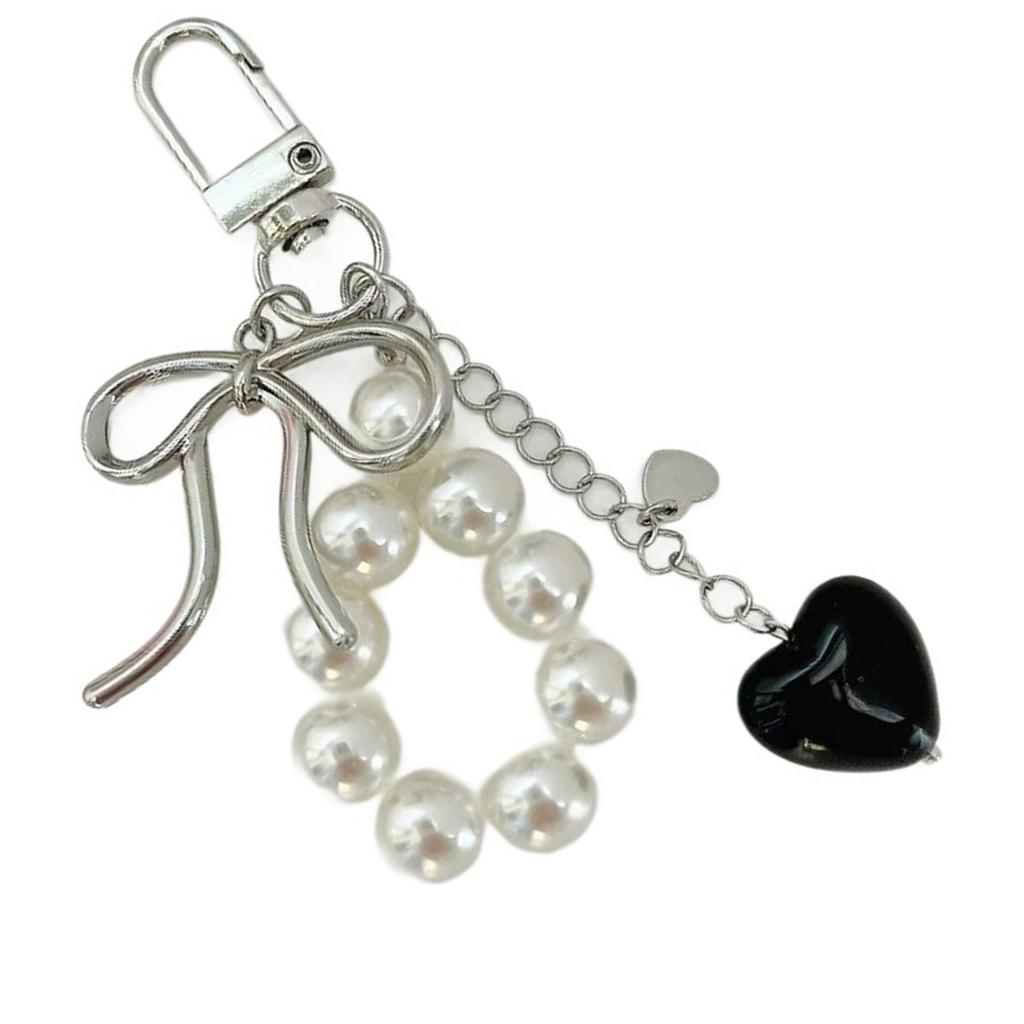 Sweet Bowknot Heart Pearls Keychain Pendant Lovely Hangings Decorations Keyring Charm for Purse Bag Backpack Handbag