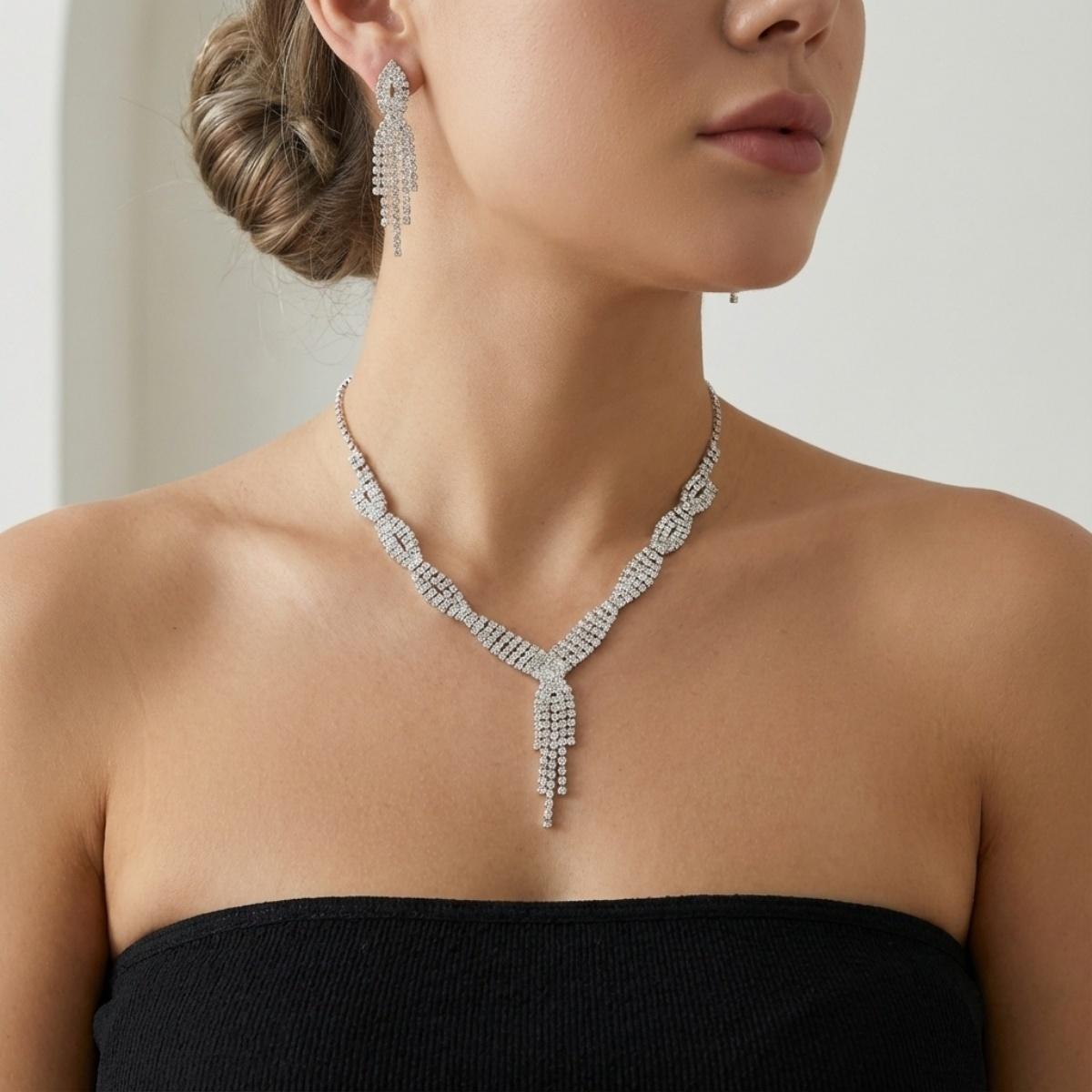 

Simple Full Rhinestone Cross Wrap Line Tassel Necklace Dangle Earrings Set For Women Men Romantic Geometric Wedding Jewelry Set