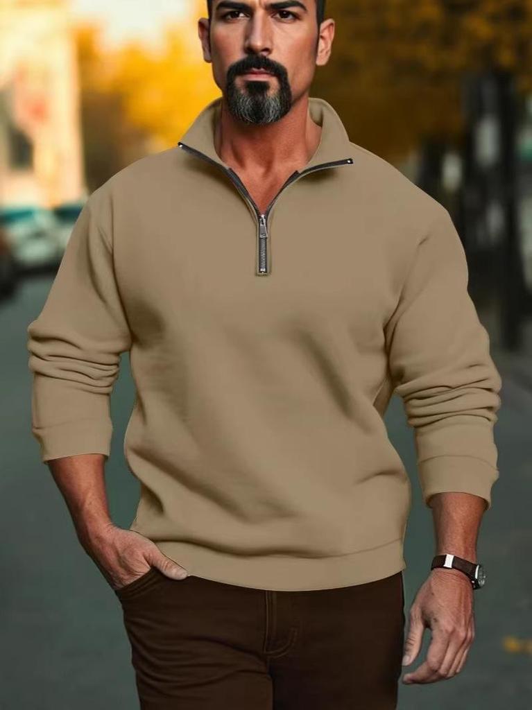 2026 CrossTUME Men's Autumn/Winter Solid Color Half-Zip Stand Collar Long Sleeve Hoodie Jacket