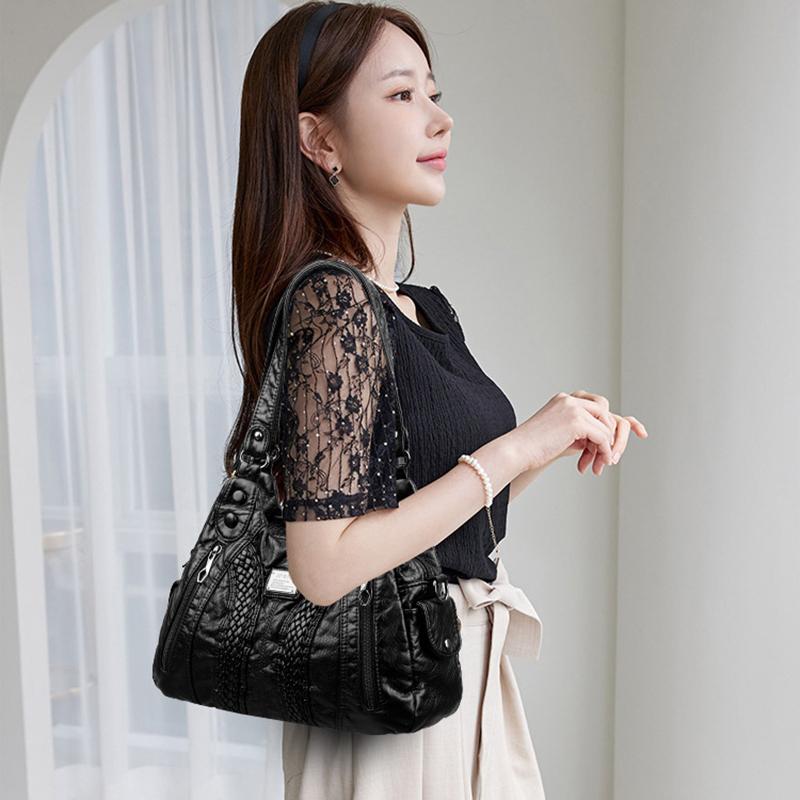 Luxury Designer Brand Women’s Leather Shoulder Bags, Multi-pocket Casual Crossbody Bags, Large Capacity Handbags