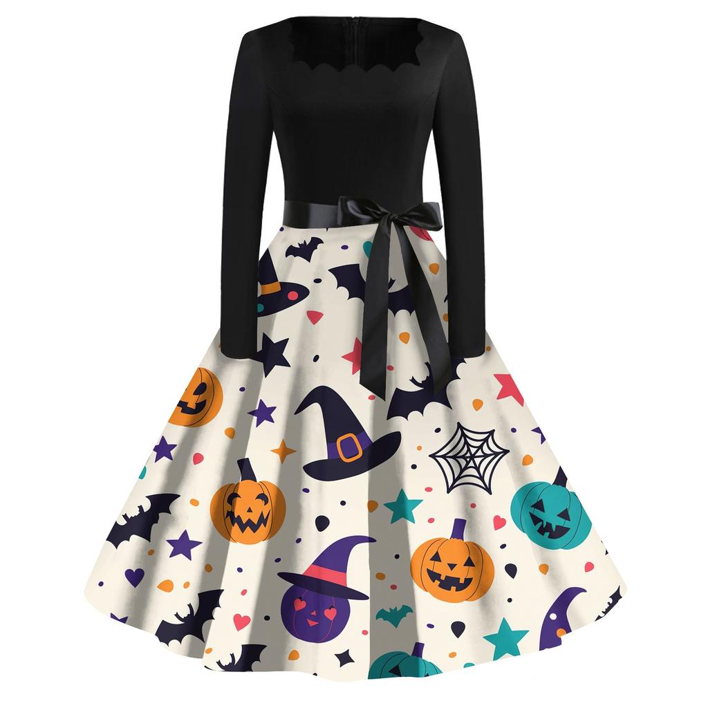 Women's Casual Fashion Halloween Printed Square Neck Vintage Dress