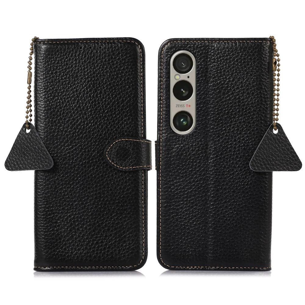 For Sony Xperia 1 VI Case Genuine Cow Leather RFID Blocking Wallet Phone Cover Litchi Texture