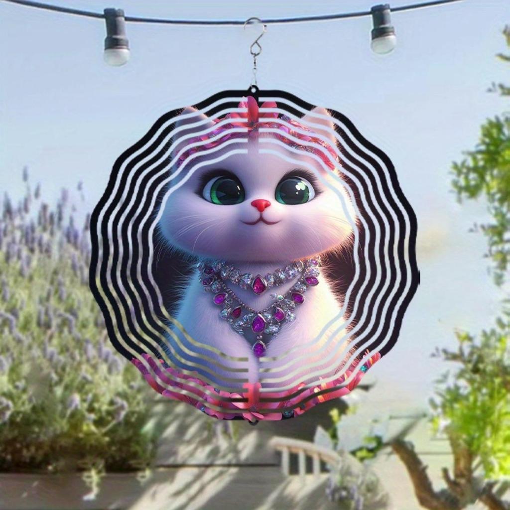 10 Inch Metal Wind Spinner with Cat Design and Pink Jewels 360 Rotating Hook for Outdoor Balcony Garden Lawn Decoration Spring Summer Fall