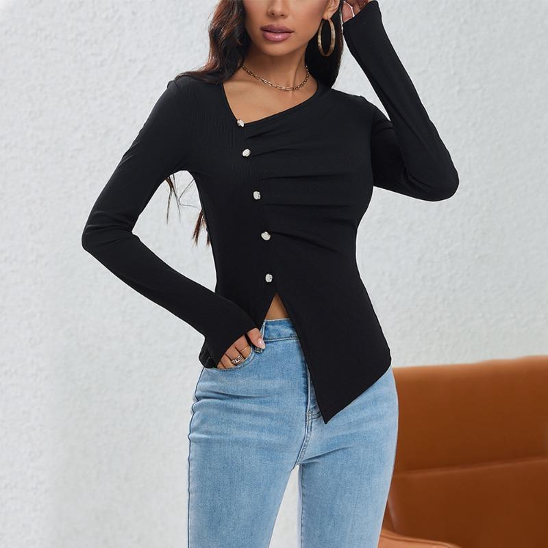 Women s Autumn and Winter Pleated Design Button Irregular Knitted Bottoming Shirt Temperament Top S чёрный