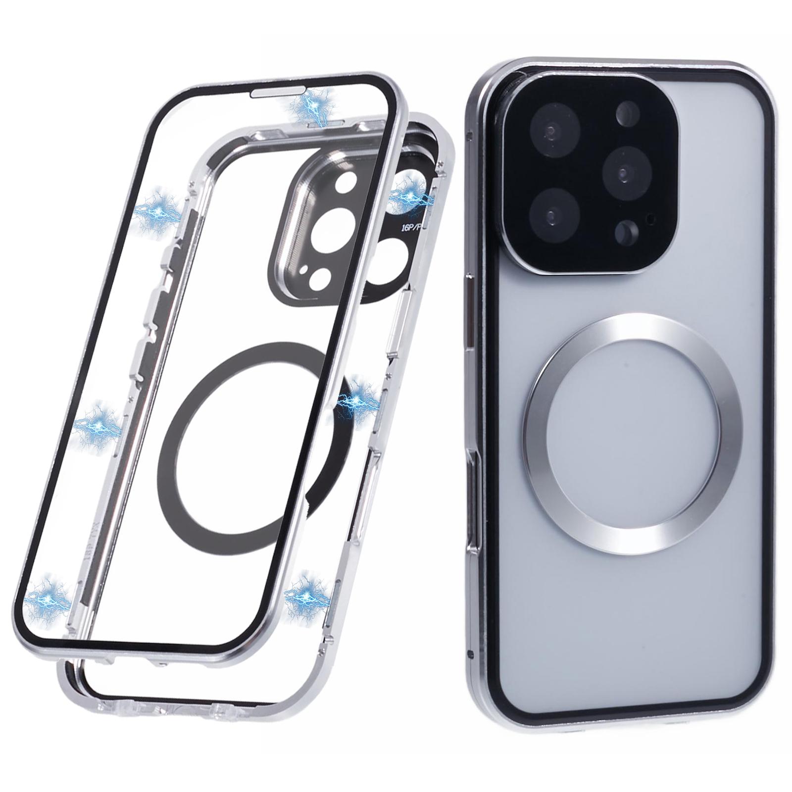 

For iPhone 16 Pro Case Double Sides Tempered Glass Phone Cover Compatible with MagSafe Full Protector Silver