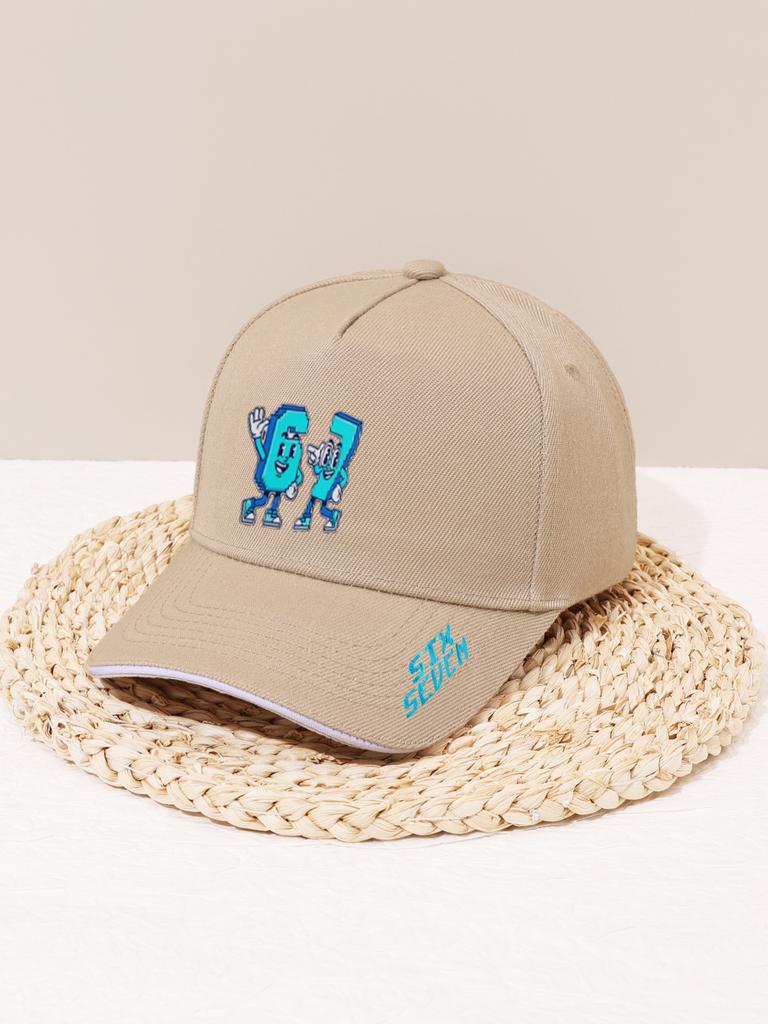 ¡1 pieza de gorra de béisbol fresca con estampado de dibujos animados de 67 píxeles! Fondo negro con etiqueta azul + transpirable y cómodo