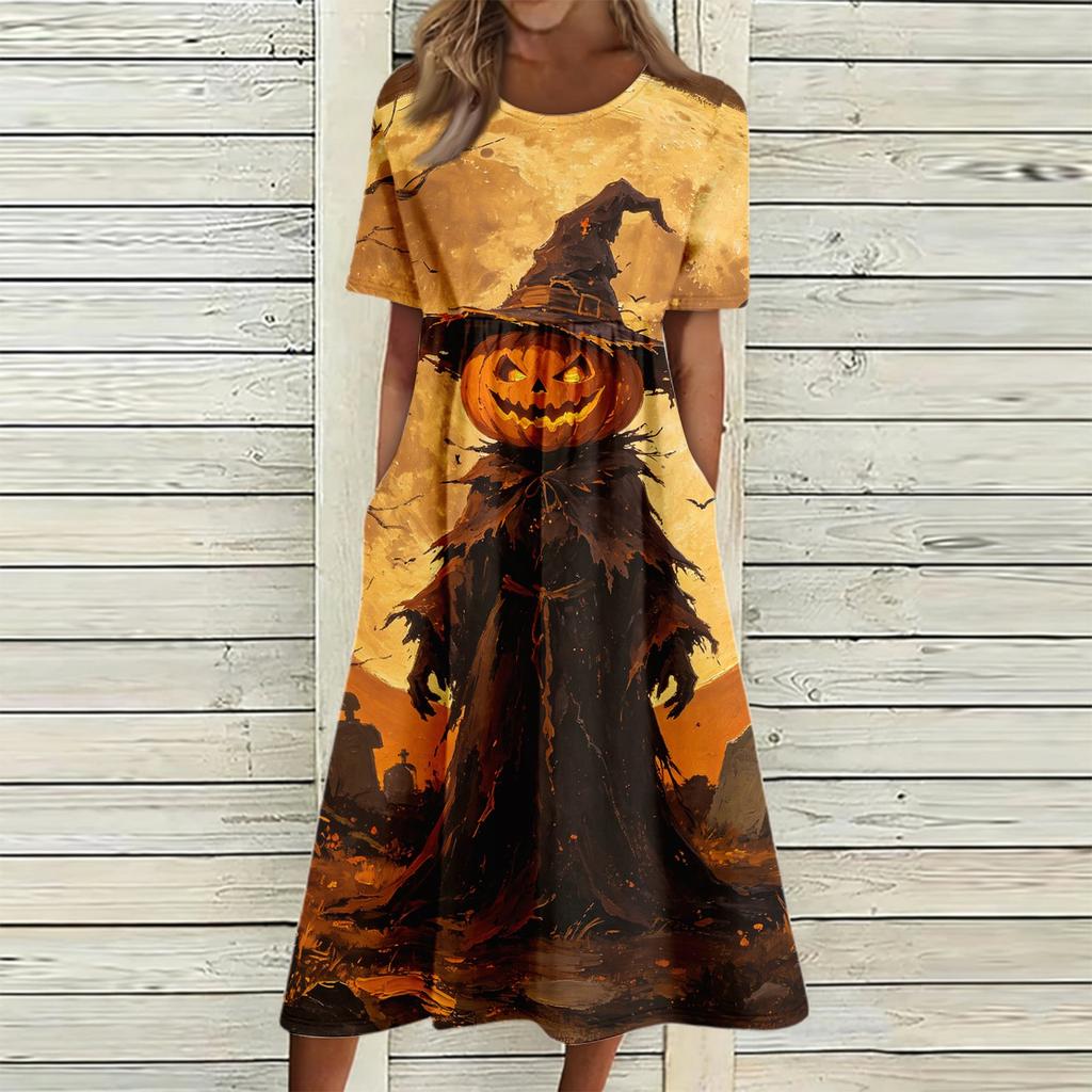 Women's Casual Round Neck Dress with Pockets Halloween Print for Party and Everyday Wear