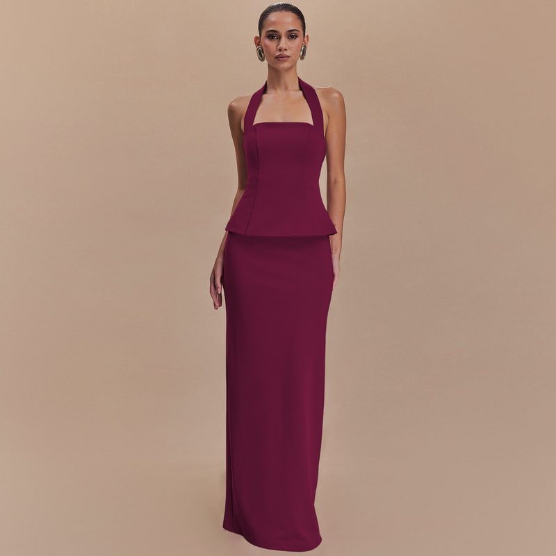 

Gusty Fancy Elegant Adult Lady like Woman Simple Commute Fashion Suit Halter Spaghetti Straps Waist-Controlled Top + Split Skirt Fuchsia S