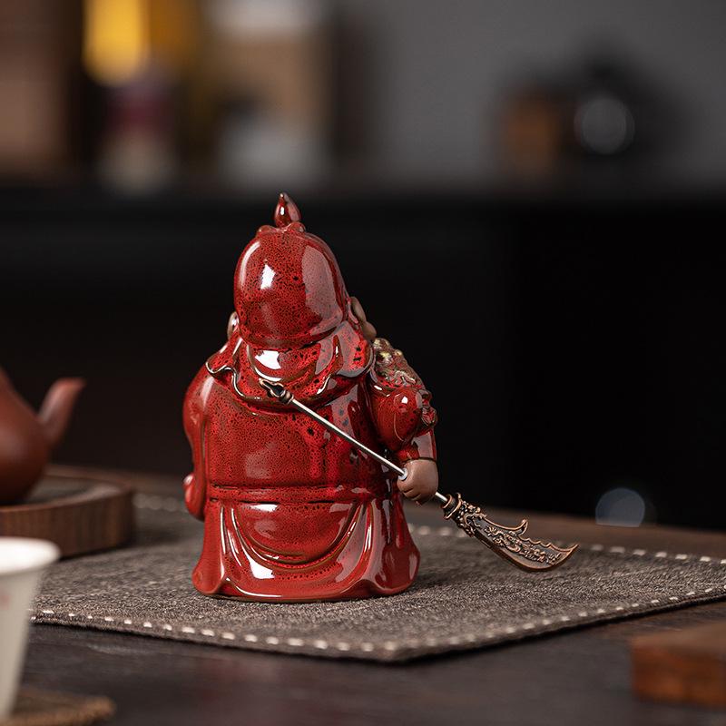 Guan Gong Martial Saint Statue: Ceramic Guan Yu Ornament for Tea Room, Living Room, or Study Decor.