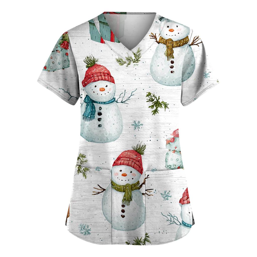 Dammode V-ringad Kortärmad Arbetskläder Med Fickor Jultryck Topp Vårdgivare Uniform