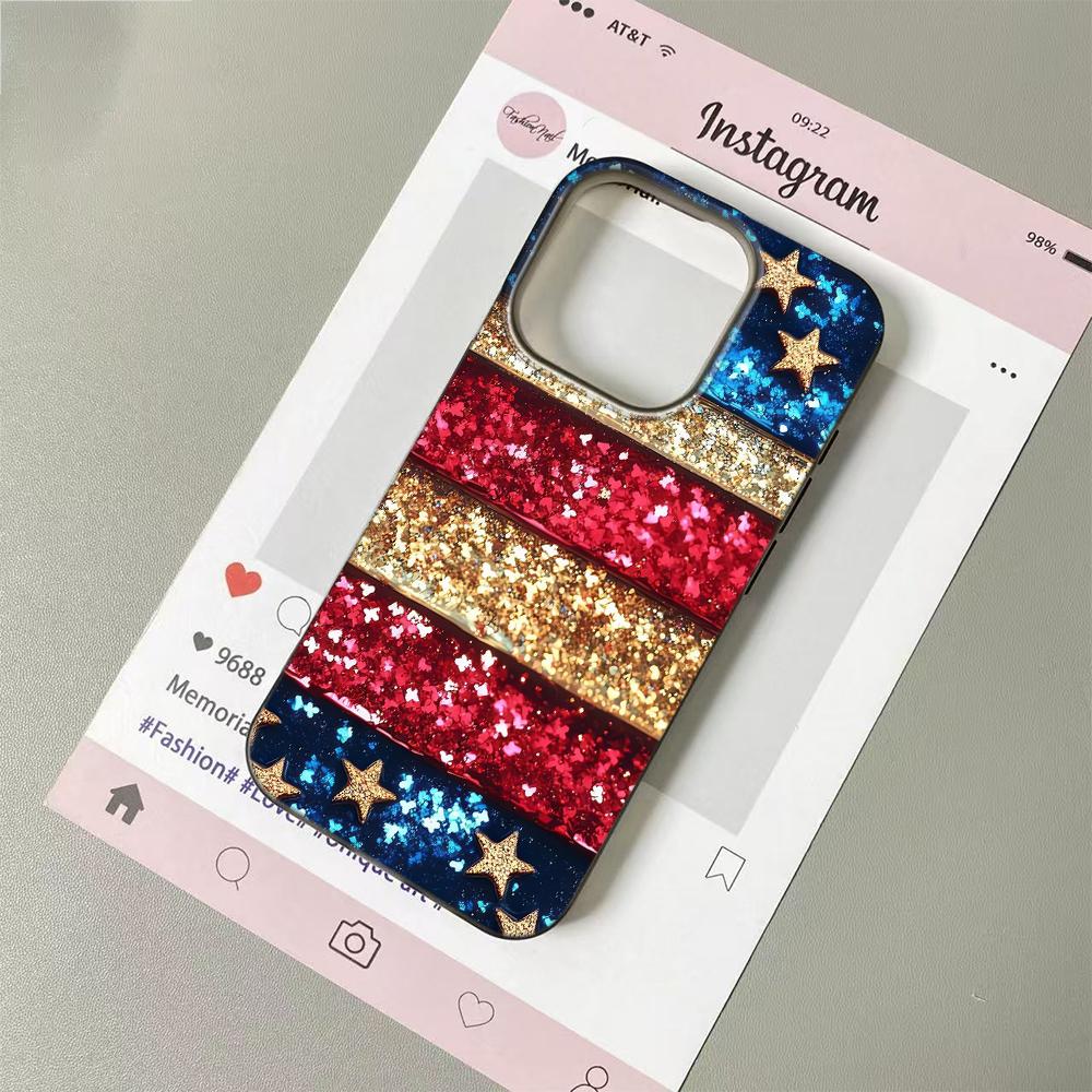 Independence Day USA Flag Case for iPhone 17 16 15 14 Plus 13 12 11 Pro Max Glitter & Vintage TPU Fashion Cover