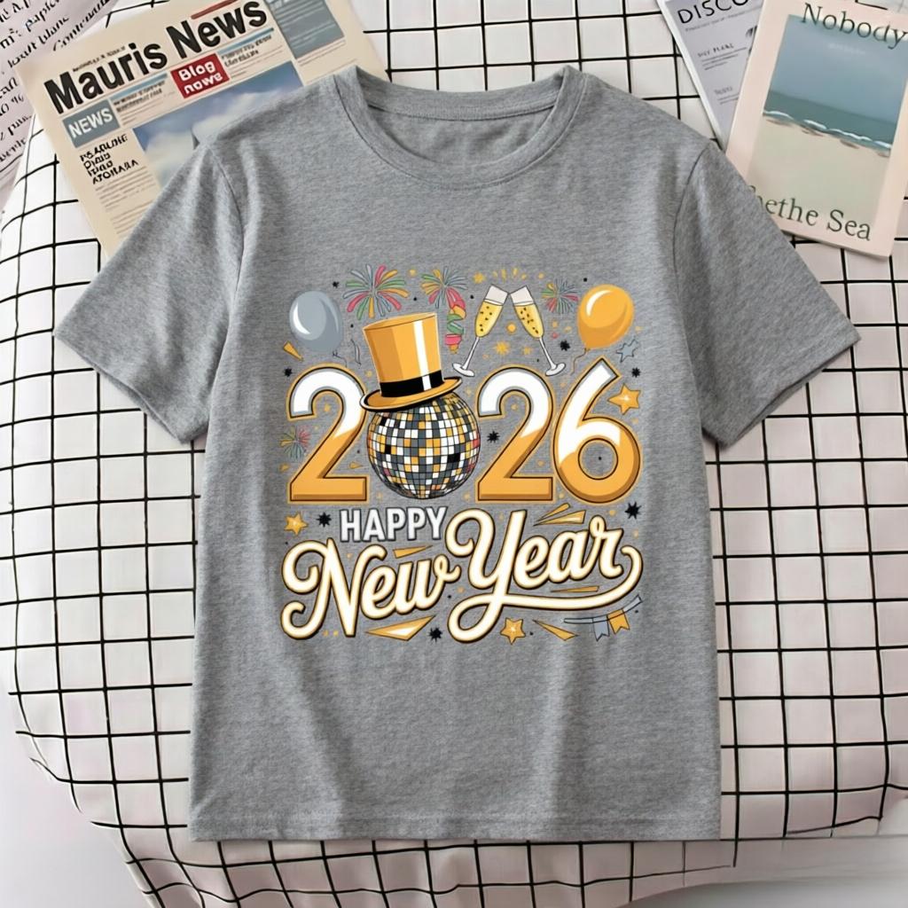 2026 Happy New Year Celebration Graphic Pure Cotton Loose Daily Casual Tops