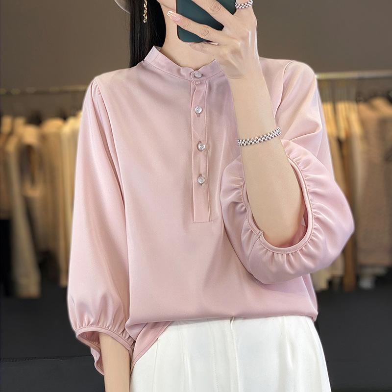 Women's Shirt Standing Collar Bubble Sleeve Loose Casual Top