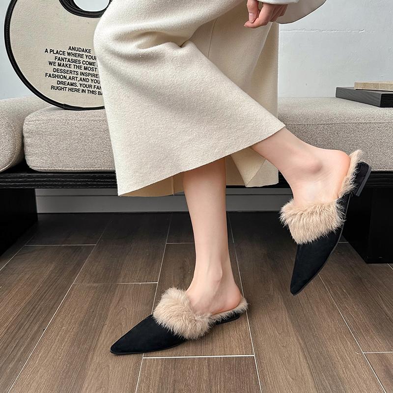 Fashion Aphixta New Warm Winter Slippers Suede Pointed Toe Slipper Low Heel Furry Shoes Indoor Hair Slides zapatos de mujer pantunflas