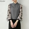 Women Casual Stand Collar Floral Print Mesh Splice Long Sleeve Blouse